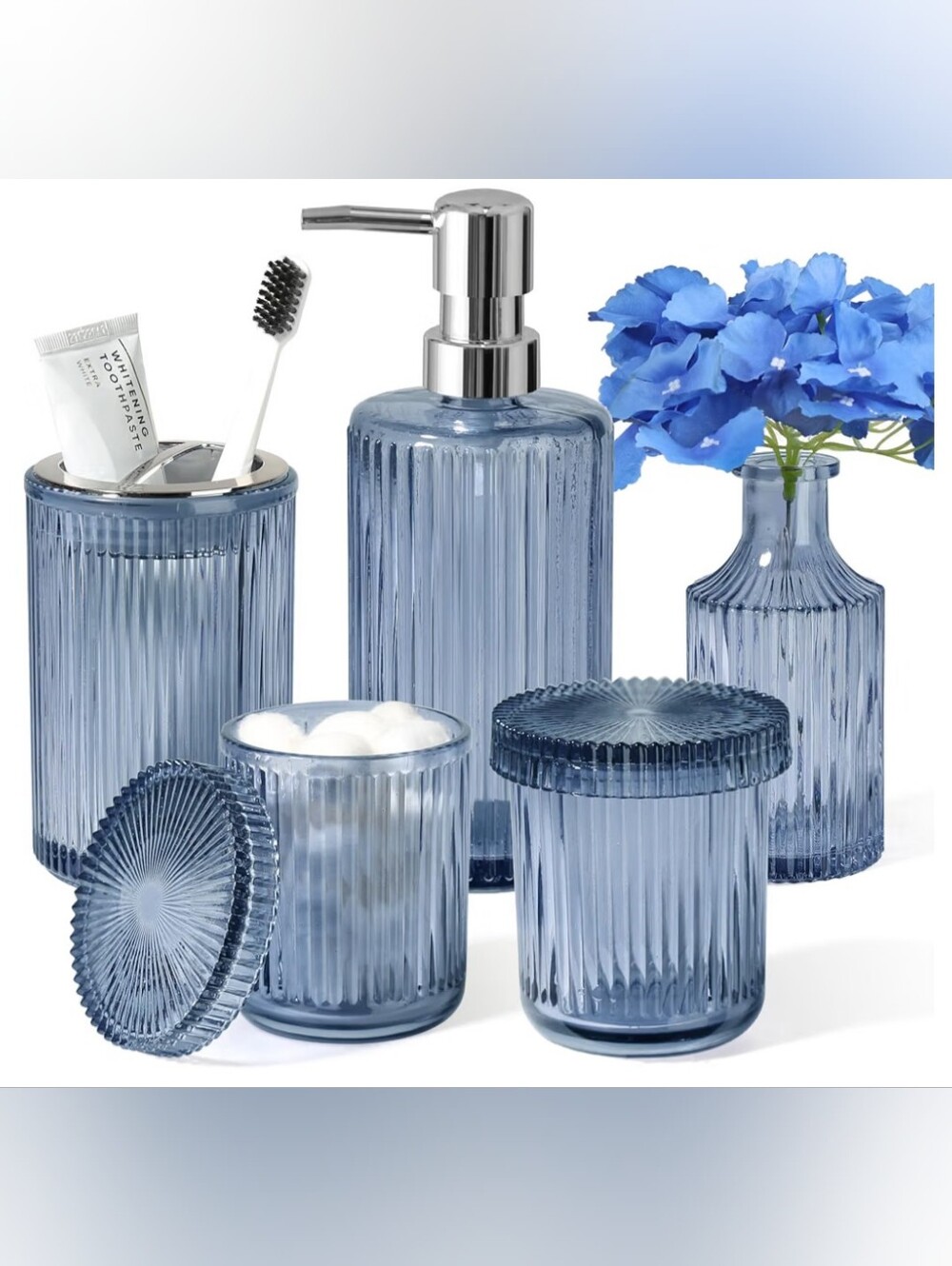 Blue Bathroom Accessories 5 Pcs, Glass Bathroom Accessory Set